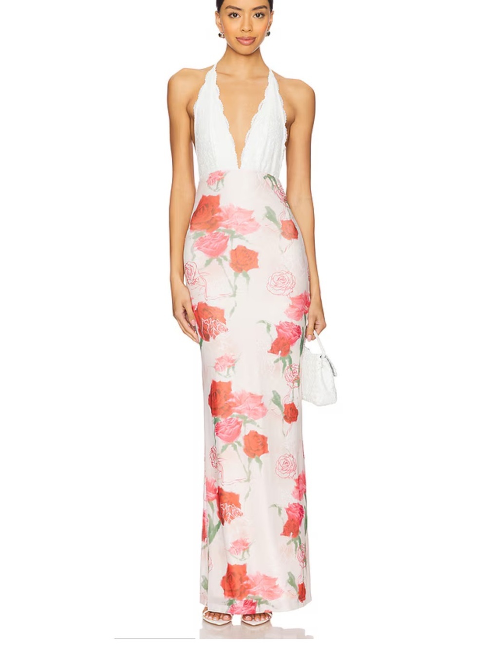 More To Come Camryn Maxi Dress Floral White Halter Mesh print Revolve XS
